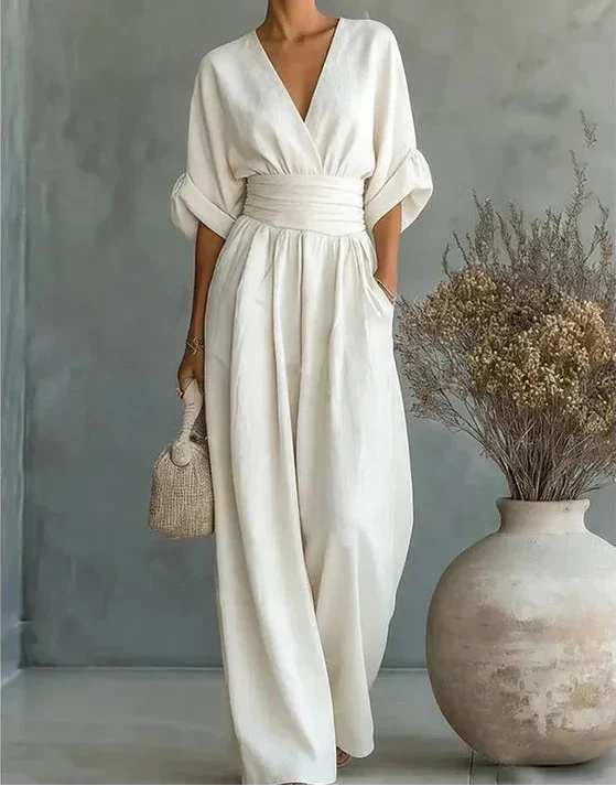 Women's Linen-Blend Wide-Leg Jumpsuit with Wrap V-Neck