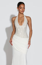 Ivory Embellished Corset Gown – Bridal Train Evening Gown | Meave & Ivy