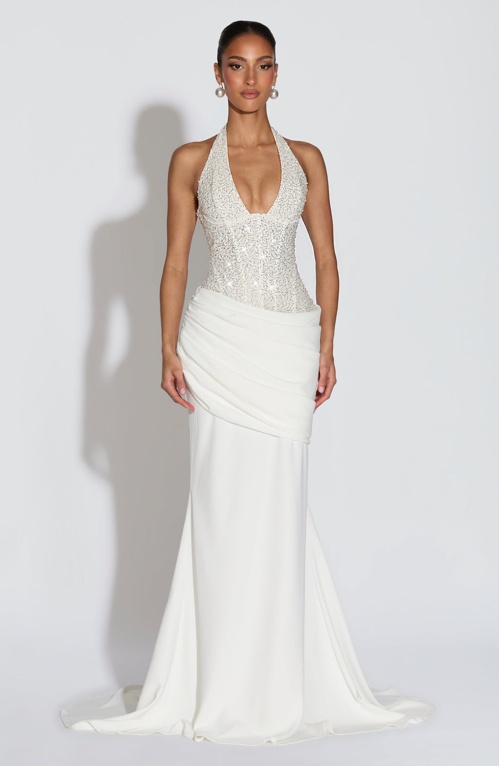 Ivory Embellished Corset Gown – Bridal Train Evening Gown | Meave & Ivy