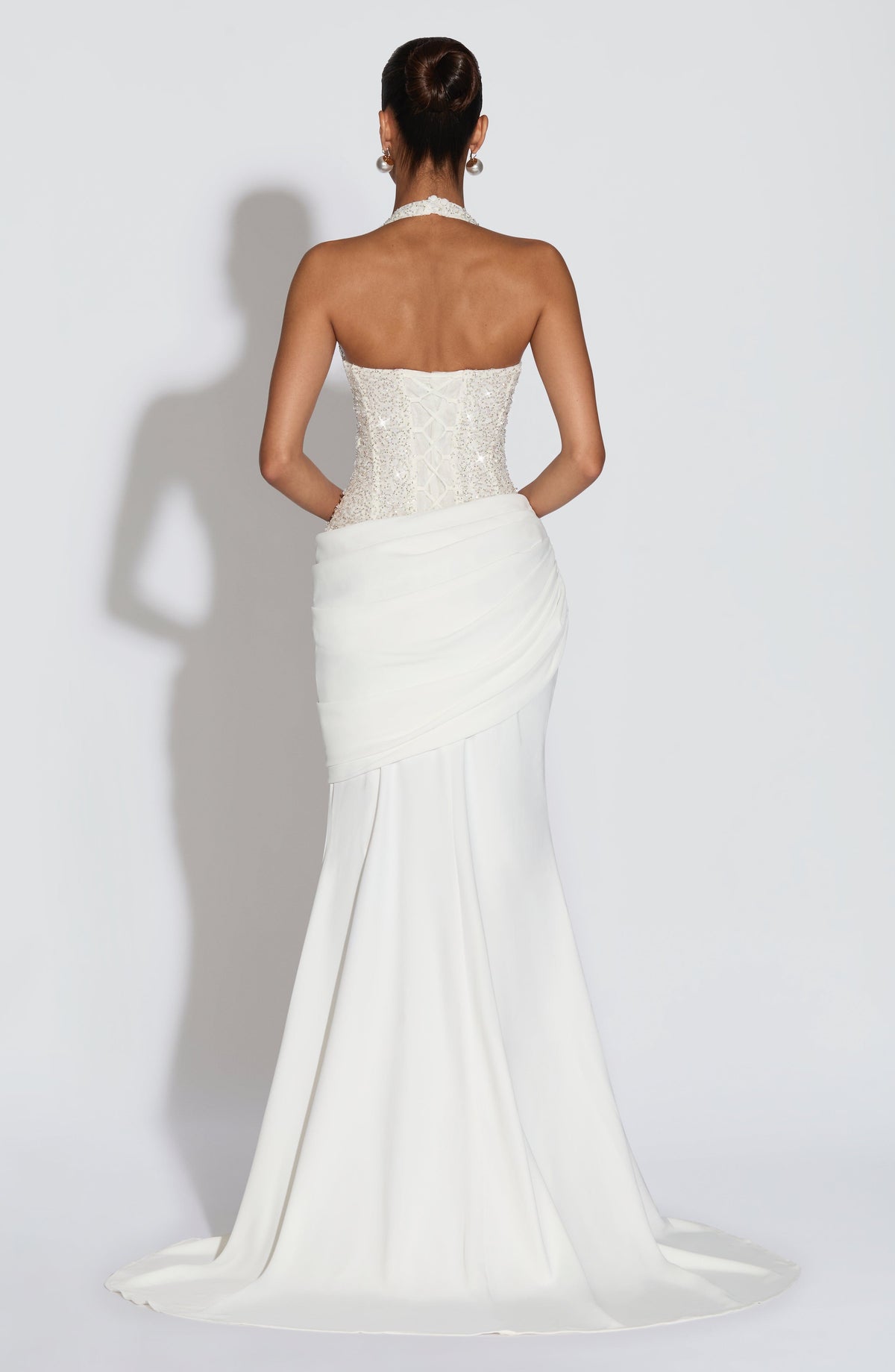 Ivory Embellished Corset Gown – Bridal Train Evening Gown | Meave & Ivy