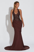 Plum Brown Embellished Corset Gown – Dramatic Train Gown | Meave & Ivy