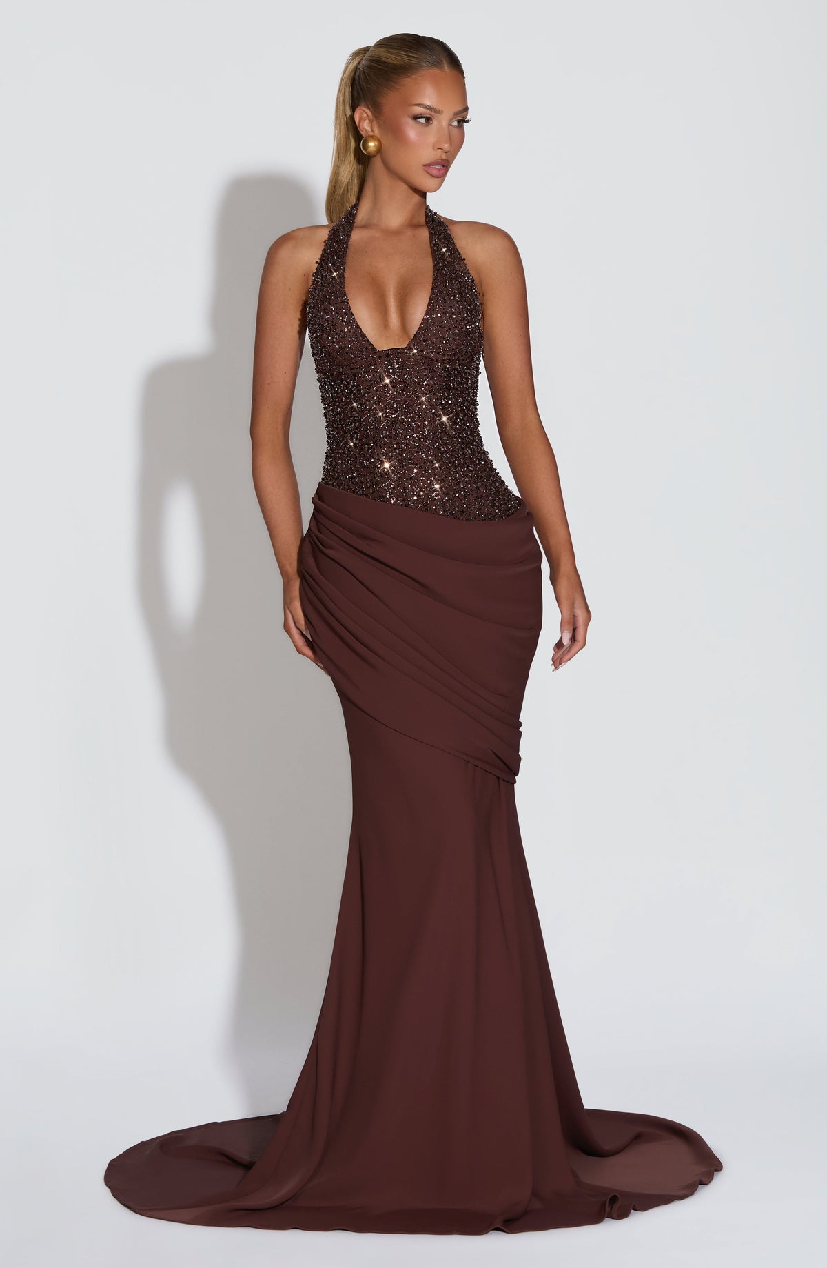 Plum Brown Embellished Corset Gown – Dramatic Train Gown | Meave & Ivy