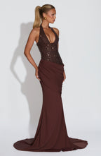 Plum Brown Embellished Corset Gown – Dramatic Train Gown | Meave & Ivy