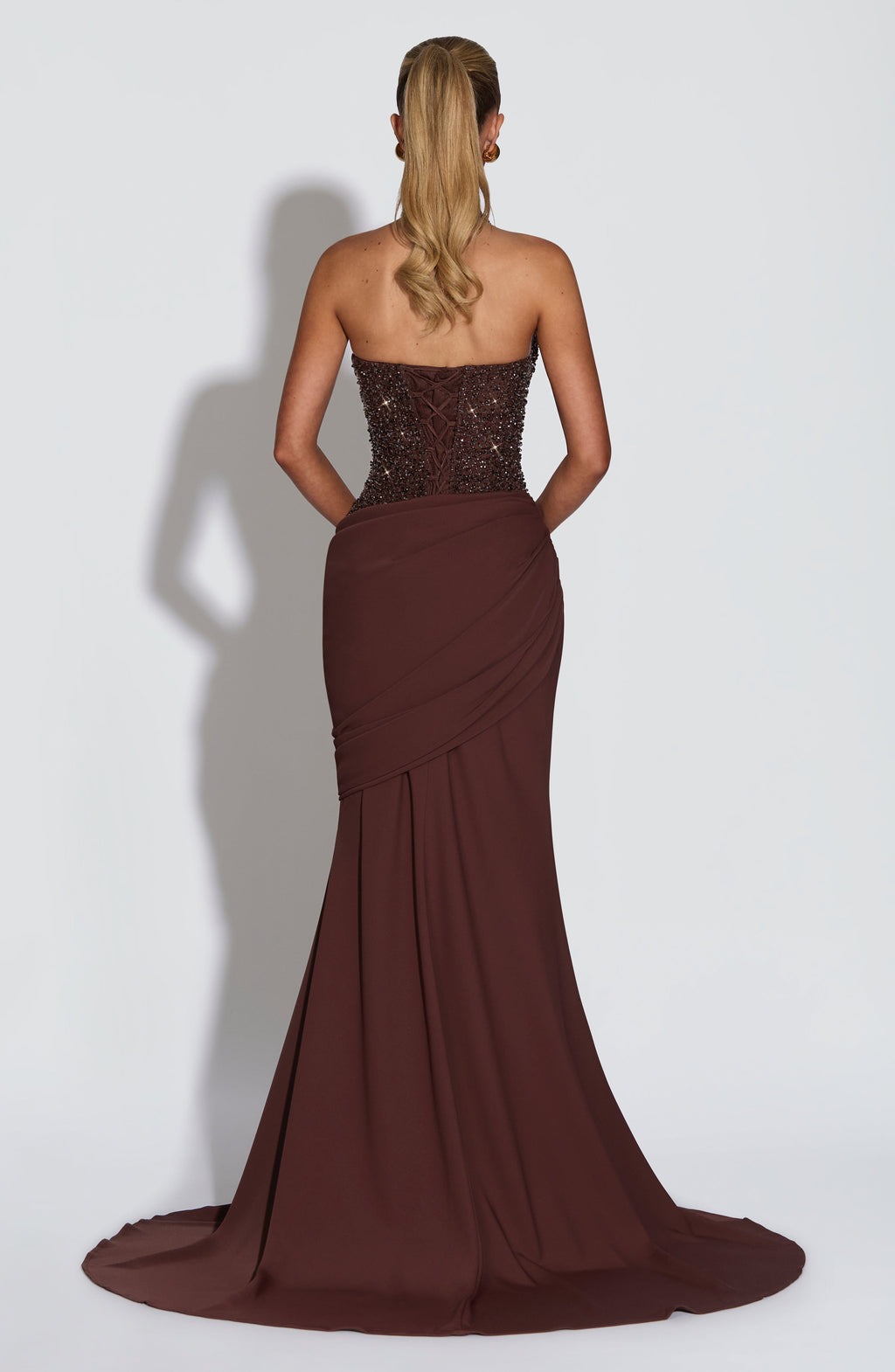 Plum Brown Embellished Corset Gown – Dramatic Train Gown | Meave & Ivy