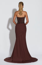 Plum Brown Embellished Corset Gown – Dramatic Train Gown | Meave & Ivy