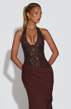 Plum Brown Embellished Corset Gown – Dramatic Train Gown | Meave & Ivy