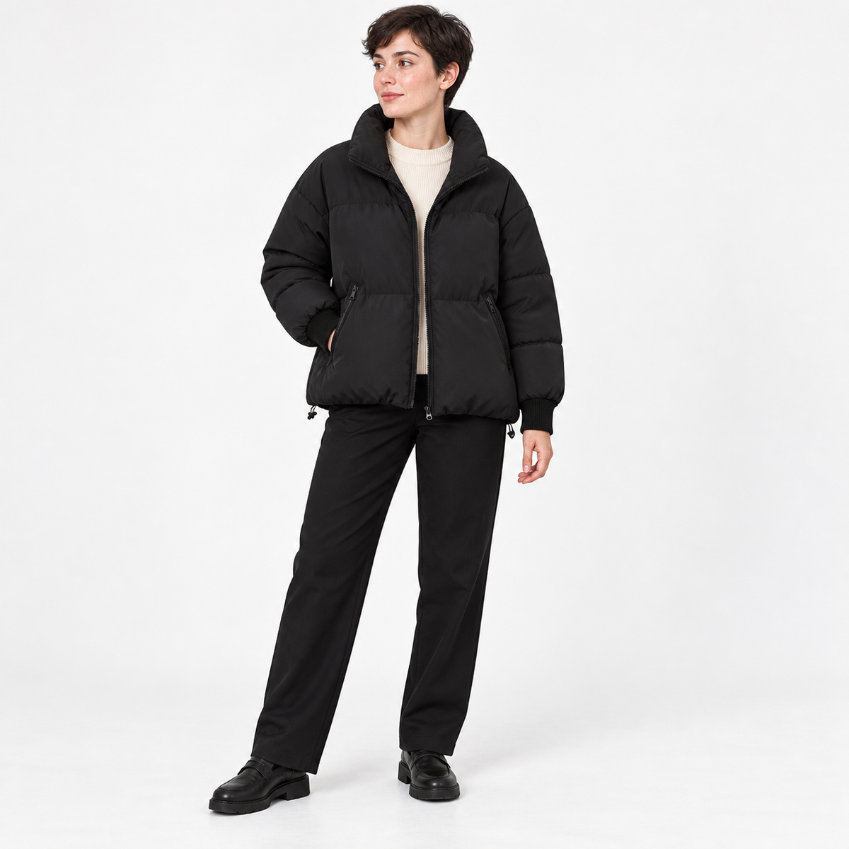 Women's Padded Puffer Jacket – High-Collar Zip-Pocket Relaxed Style