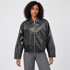 Women's Leather-Look Zip-Up Bomber Jacket with Pointed Collar