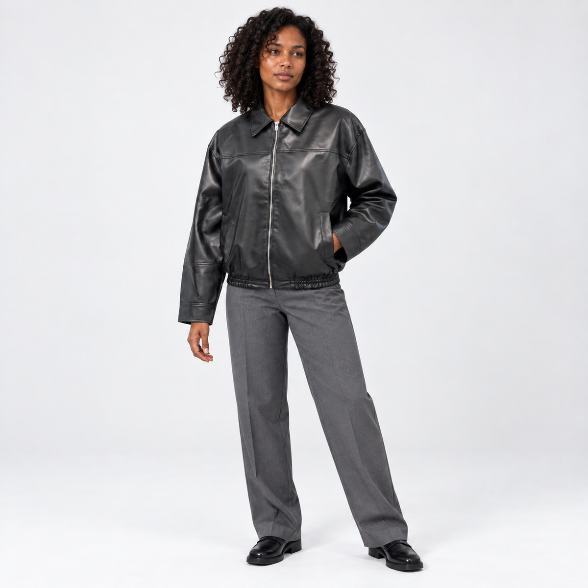 Women's Leather-Look Zip-Up Bomber Jacket with Pointed Collar