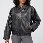 Women's Leather-Look Zip-Up Bomber Jacket with Pointed Collar