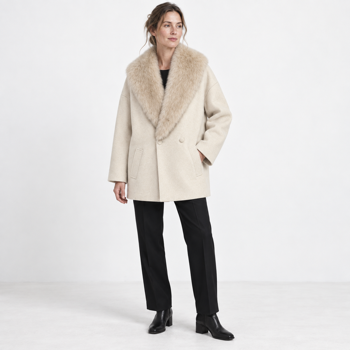 Women's Double-Breasted Winter Coat – Faux-Fur Shawl Collar Relaxed