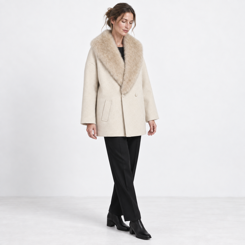 Women's Double-Breasted Winter Coat – Faux-Fur Shawl Collar Relaxed