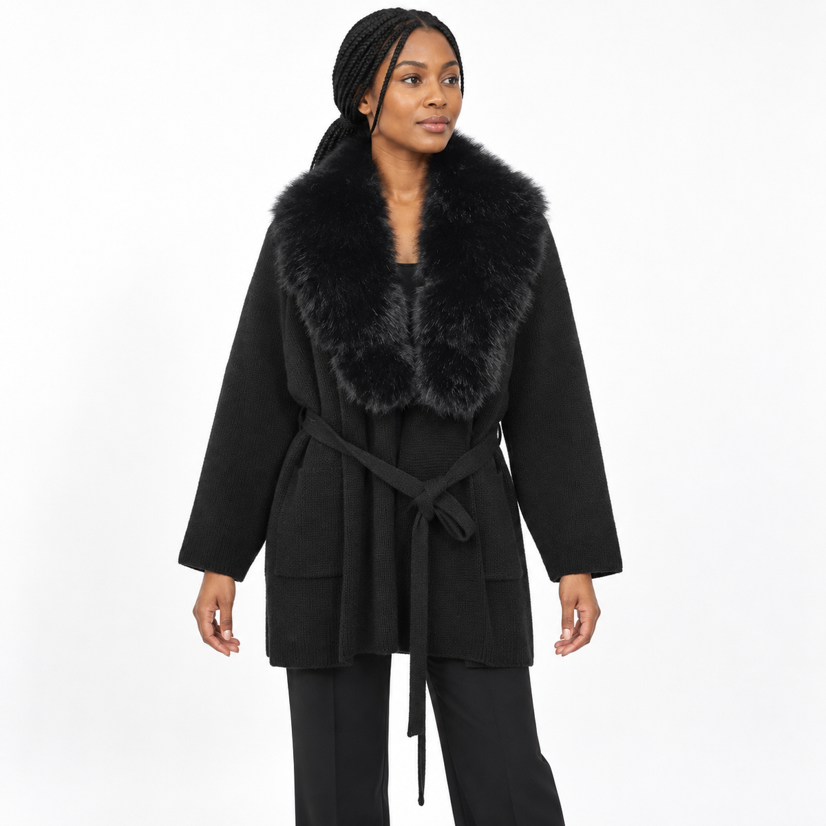 Women's Faux-Fur Collar Long Knitted Cardigan