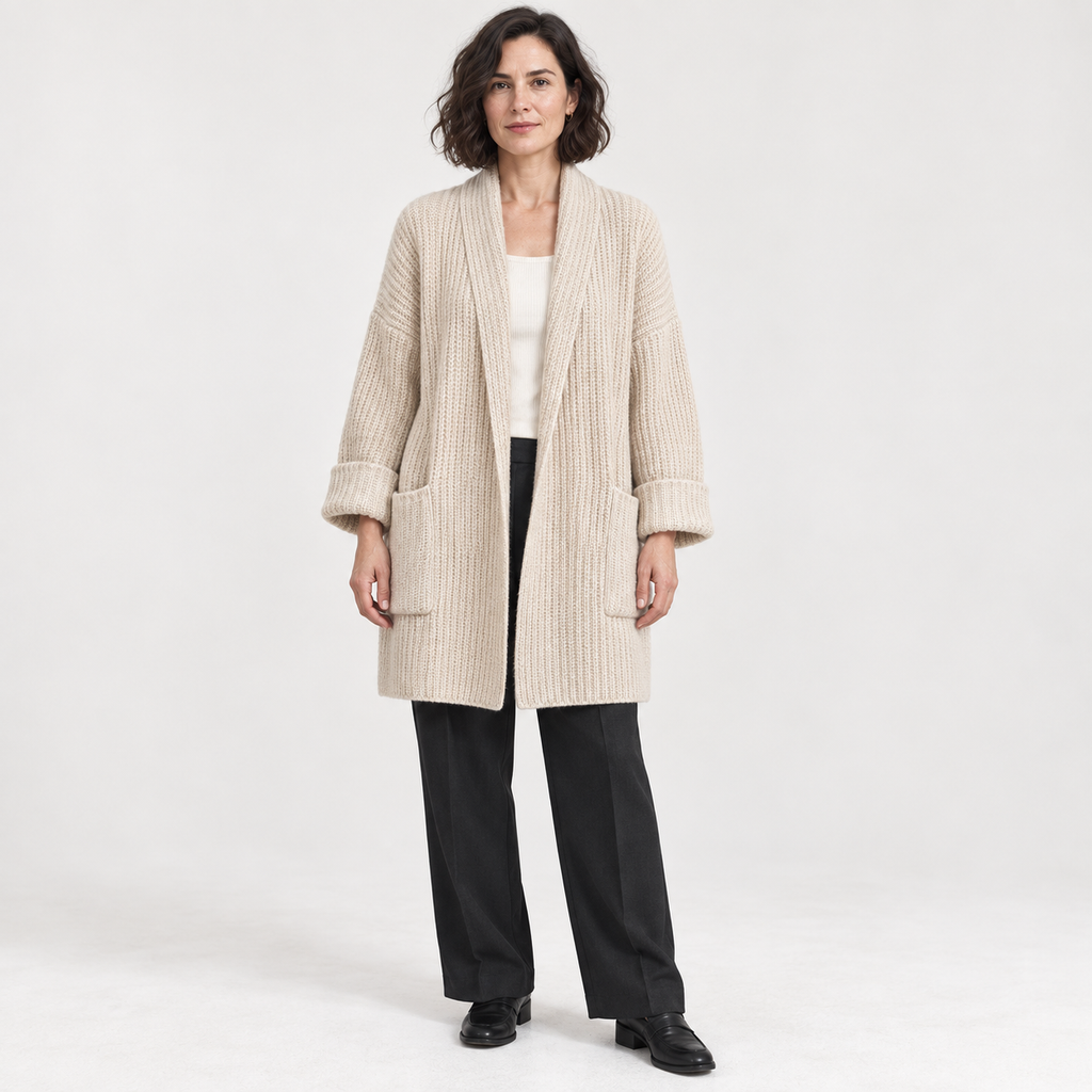 Women's Long Ribbed Open-Front Cardigan – Relaxed Pocketed Knit