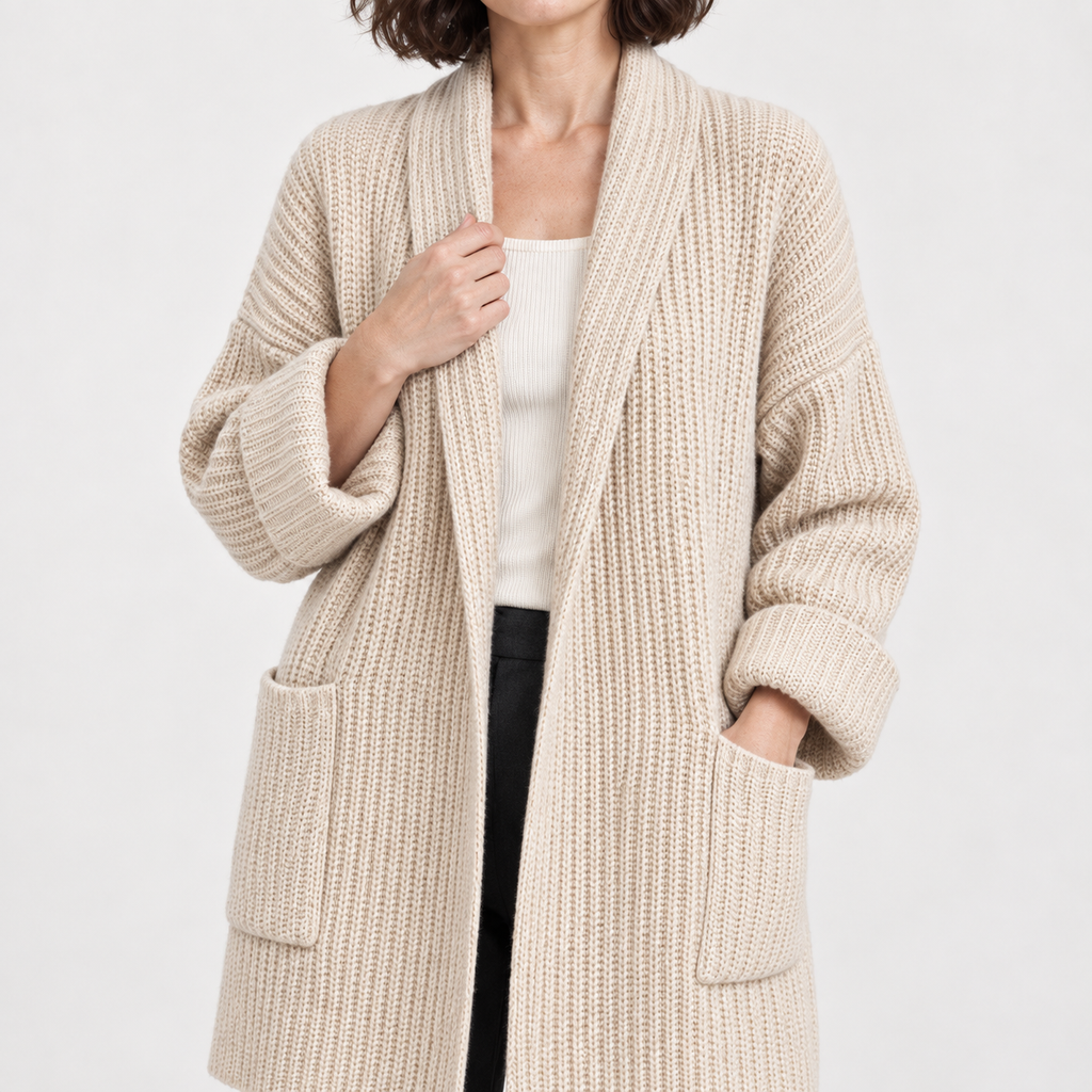 Women's Long Ribbed Open-Front Cardigan – Relaxed Pocketed Knit