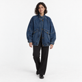 Women's Oversized Cotton-Blend Denim Bomber Jacket with Tab Collar