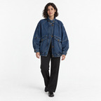 Women's Oversized Cotton-Blend Denim Bomber Jacket with Tab Collar