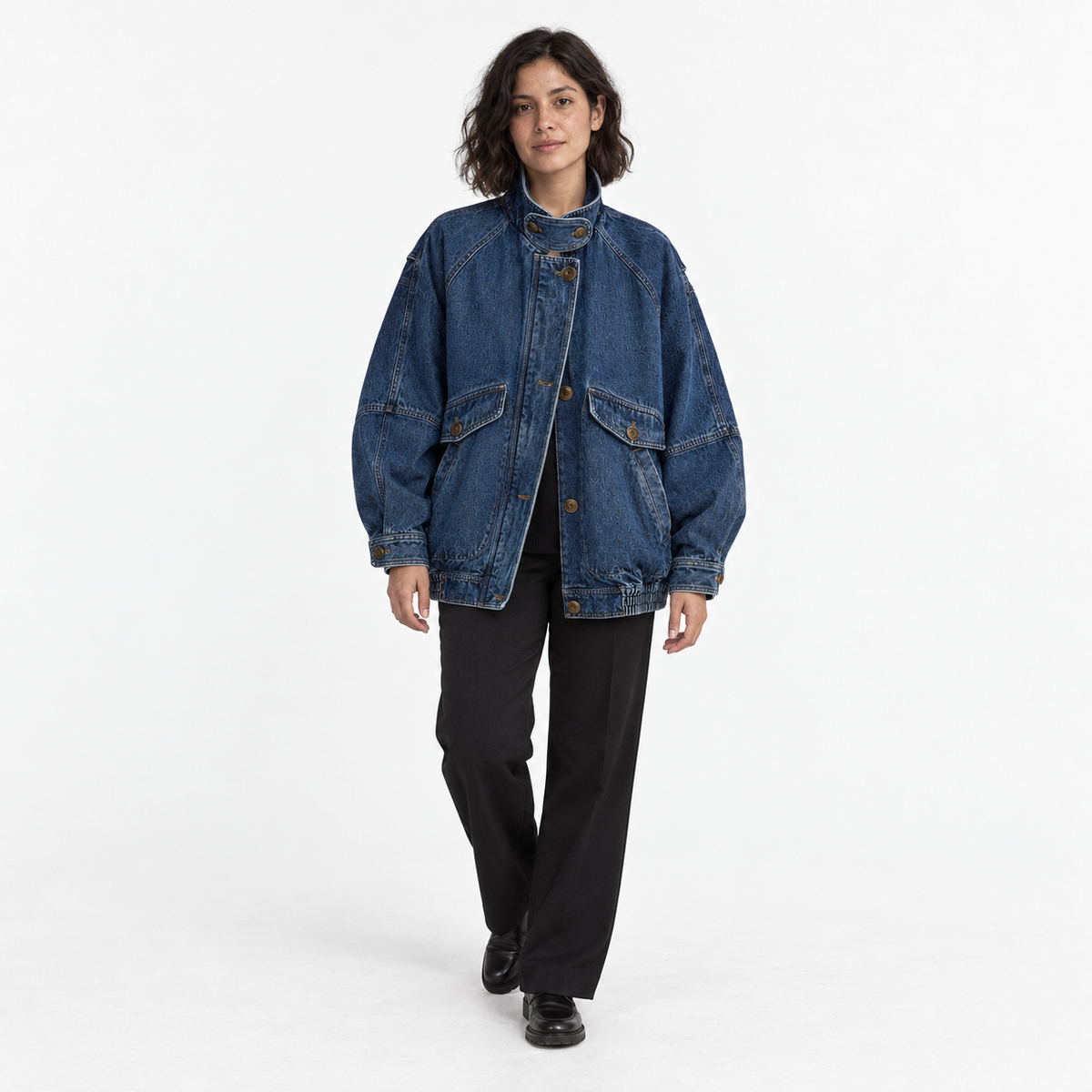 Women's Oversized Cotton-Blend Denim Bomber Jacket with Tab Collar