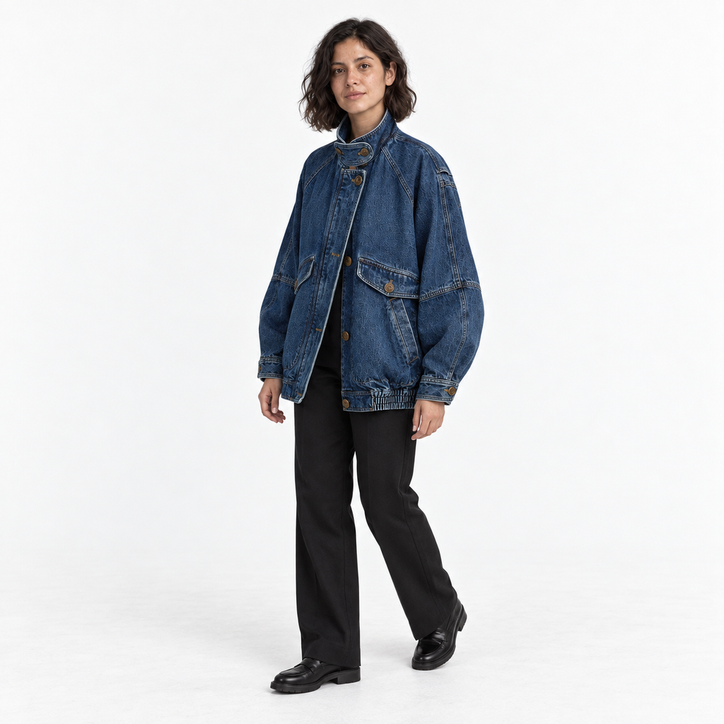 Women's Oversized Cotton-Blend Denim Bomber Jacket with Tab Collar