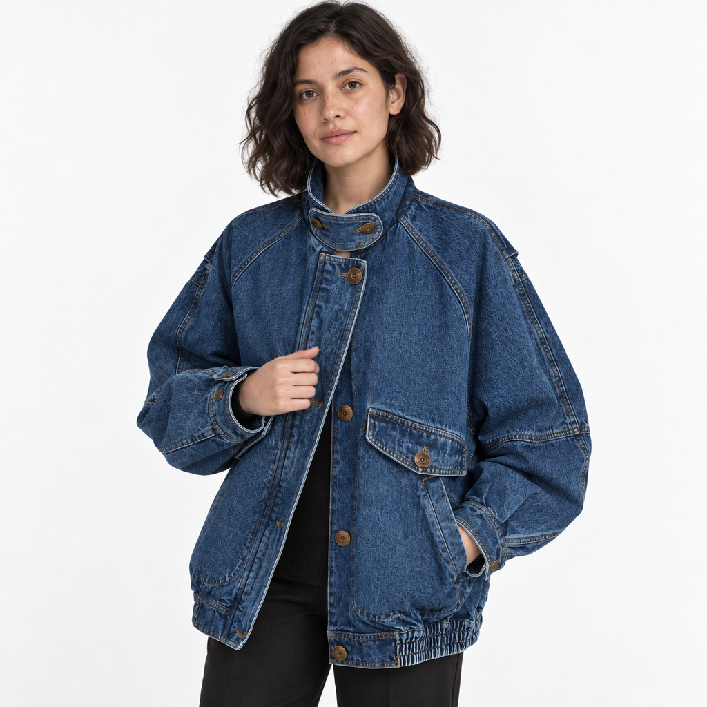 Women's Oversized Cotton-Blend Denim Bomber Jacket with Tab Collar
