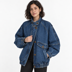 Women's Oversized Cotton-Blend Denim Bomber Jacket with Tab Collar