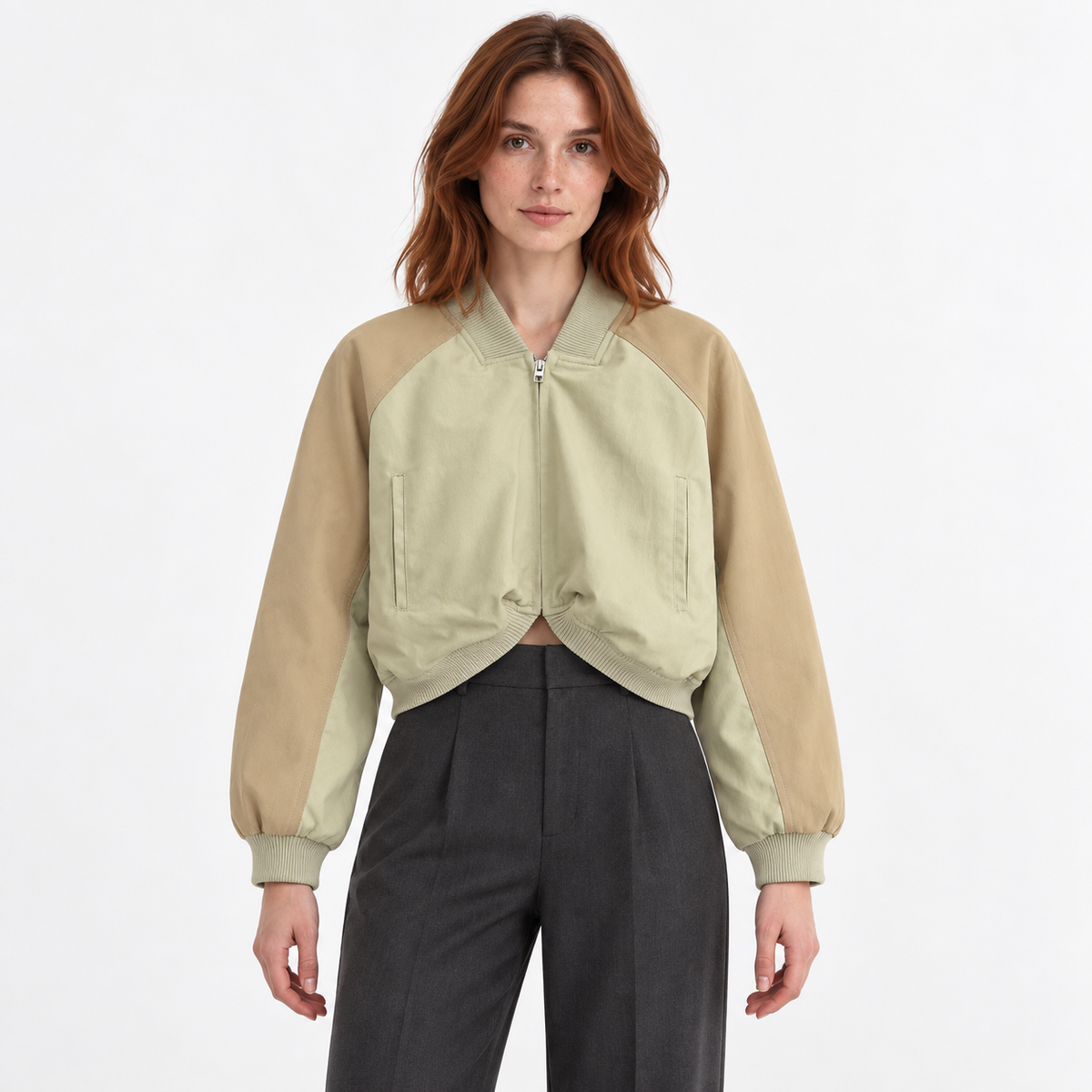 Women's Cropped Zip-Up Bomber Jacket with Curved Hem