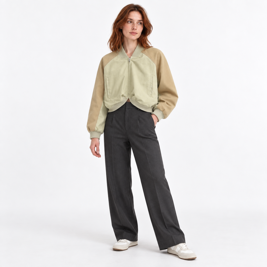 Women's Cropped Zip-Up Bomber Jacket with Curved Hem