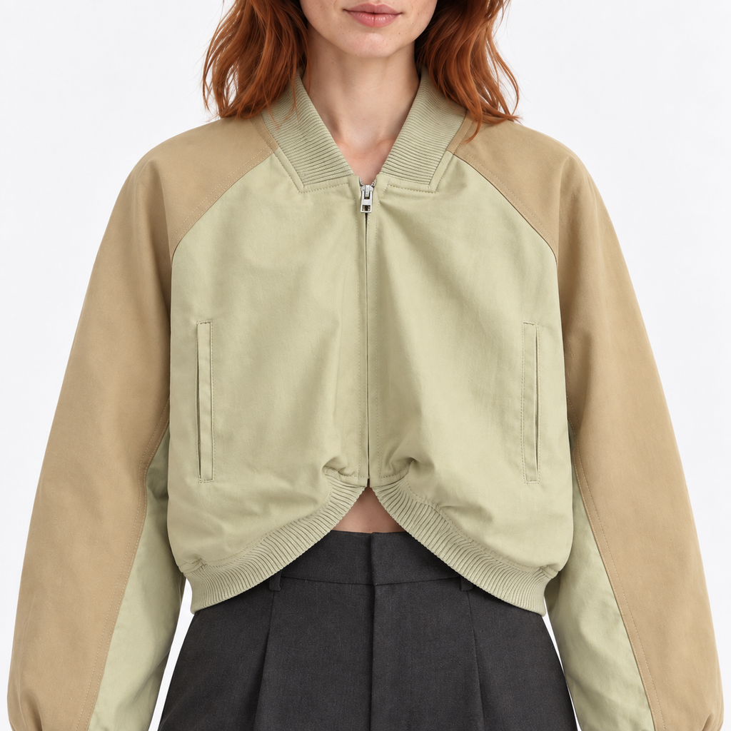 Women's Cropped Zip-Up Bomber Jacket with Curved Hem