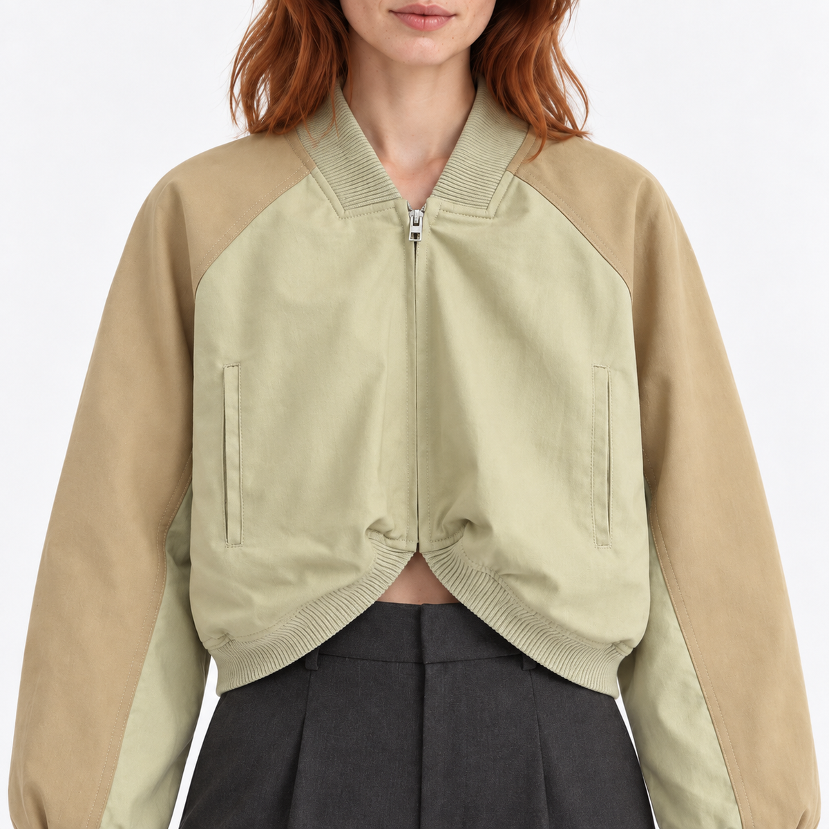 Women's Cropped Zip-Up Bomber Jacket with Curved Hem