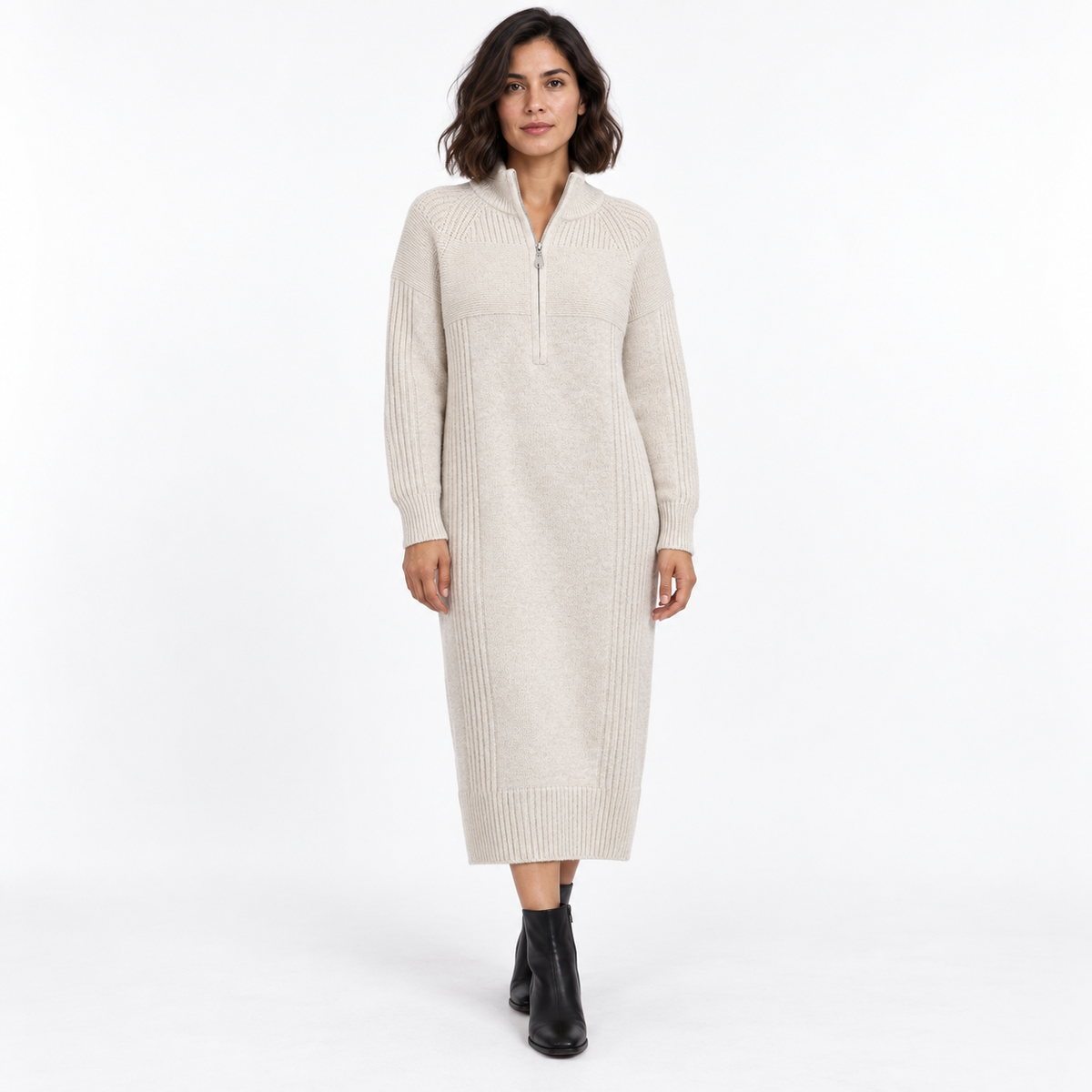 Women's Half-Zip Knitted Midi Dress – Relaxed High-Neck Style