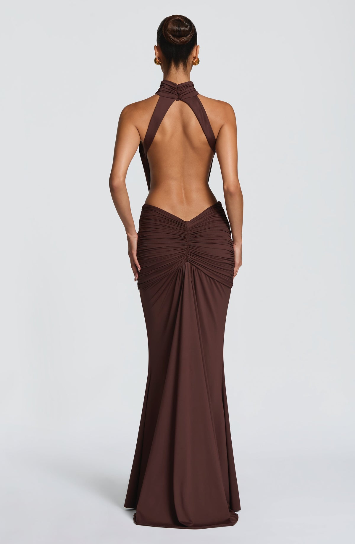 Plum Brown Ruched Mermaid Dress – Train Evening Gown | Meave & Ivy