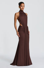 Plum Brown Ruched Mermaid Dress – Train Evening Gown | Meave & Ivy