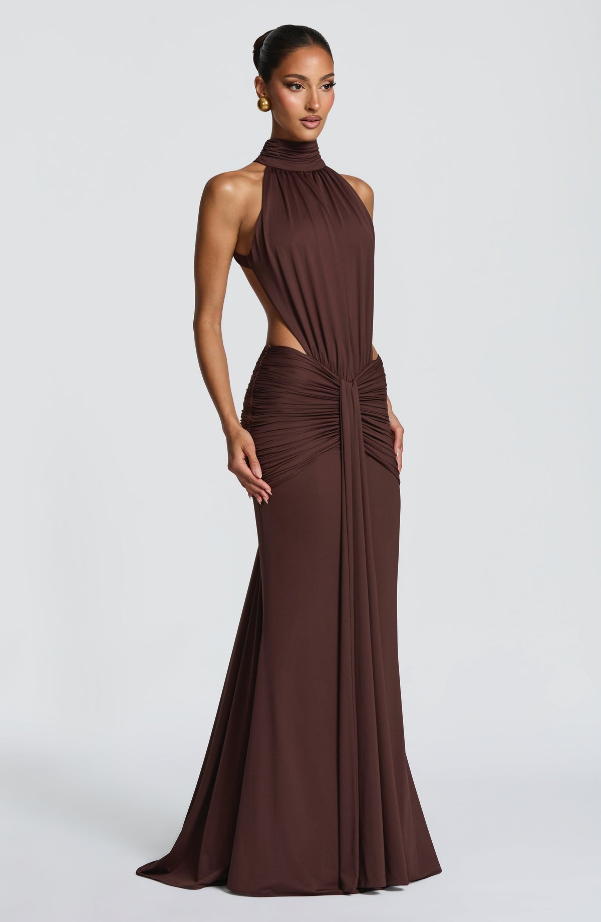 Plum Brown Ruched Mermaid Dress – Train Evening Gown | Meave & Ivy