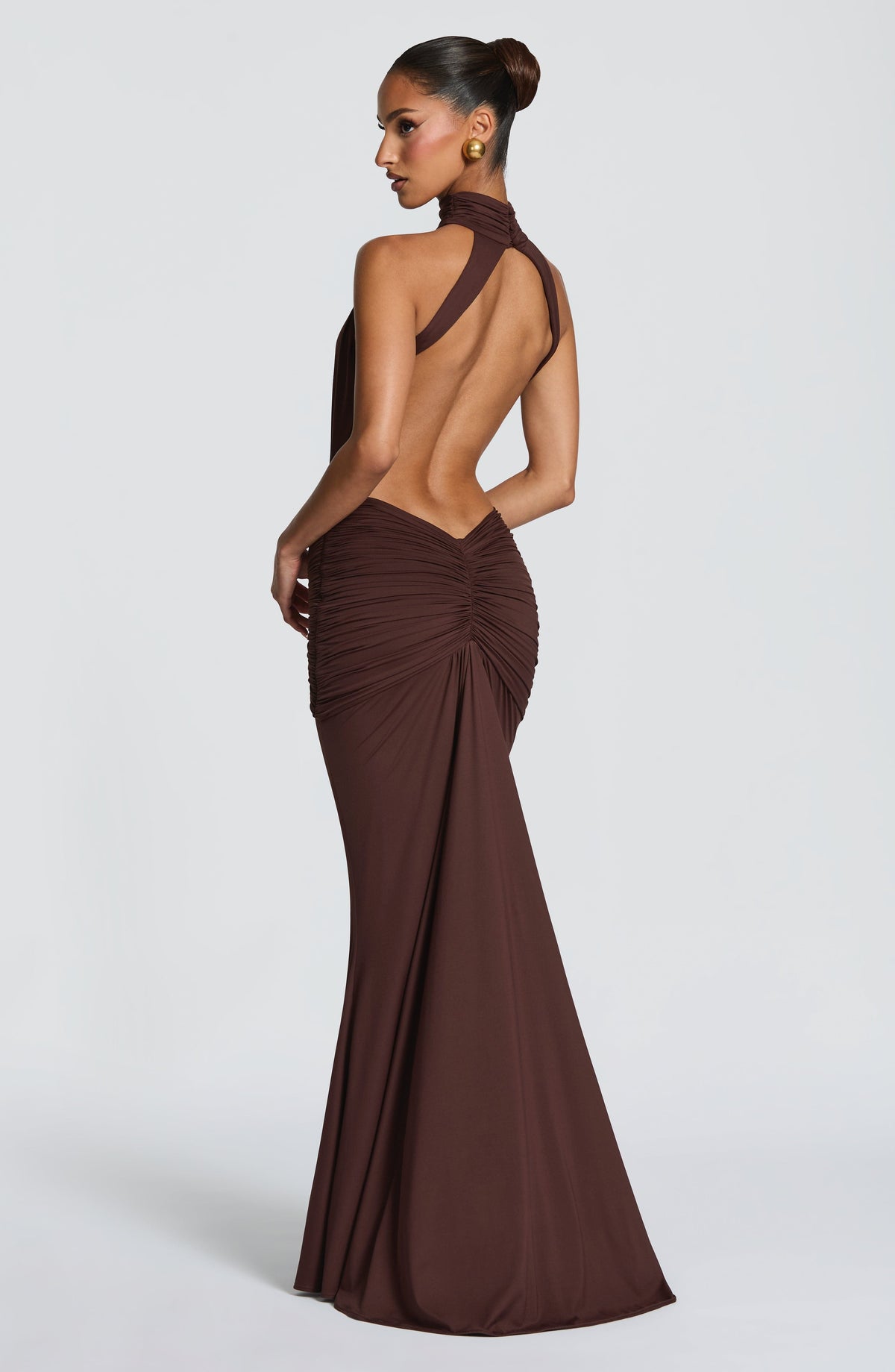 Plum Brown Ruched Mermaid Dress – Train Evening Gown | Meave & Ivy