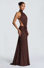 Plum Brown Ruched Mermaid Dress – Train Evening Gown | Meave & Ivy