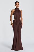 Plum Brown Ruched Mermaid Dress – Train Evening Gown | Meave & Ivy