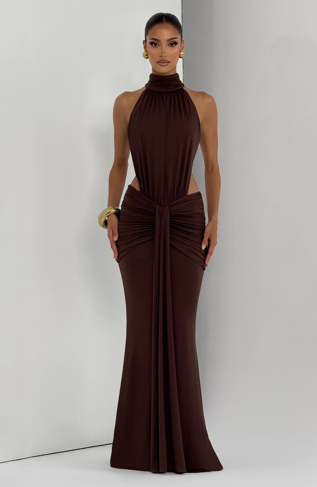Plum Brown Ruched Mermaid Dress – Train Evening Gown | Meave & Ivy