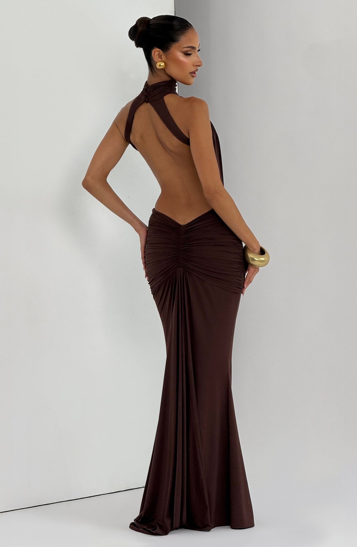 Plum Brown Ruched Mermaid Dress – Train Evening Gown | Meave & Ivy