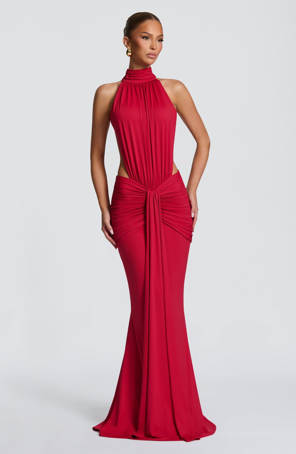 Red Ruched Mermaid Maxi Dress – Dramatic Train Evening Gown | Meave & Ivy