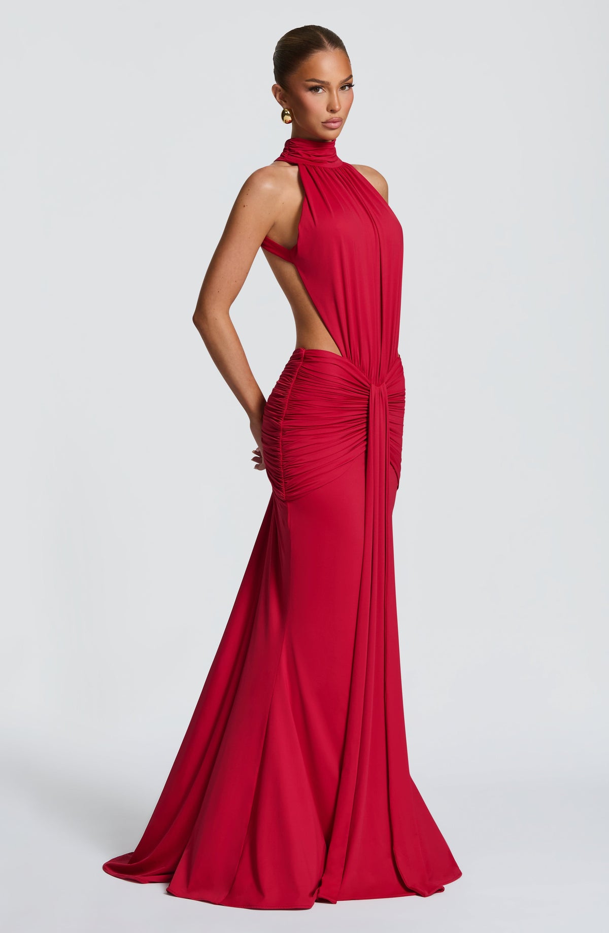 Red Ruched Mermaid Maxi Dress – Dramatic Train Evening Gown | Meave & Ivy