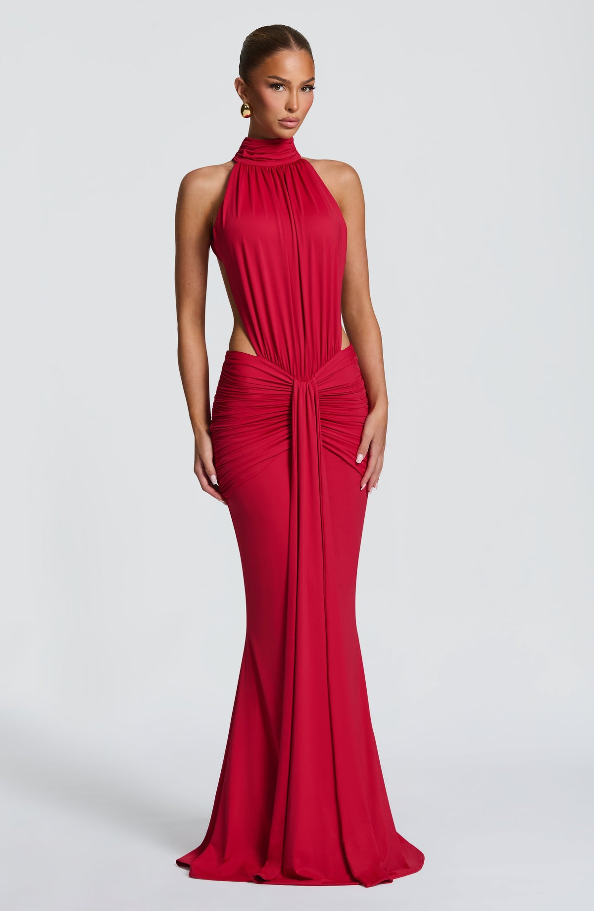 Red Ruched Mermaid Maxi Dress – Dramatic Train Evening Gown | Meave & Ivy