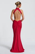 Red Ruched Mermaid Maxi Dress – Dramatic Train Evening Gown | Meave & Ivy