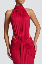 Red Ruched Mermaid Maxi Dress – Dramatic Train Evening Gown | Meave & Ivy