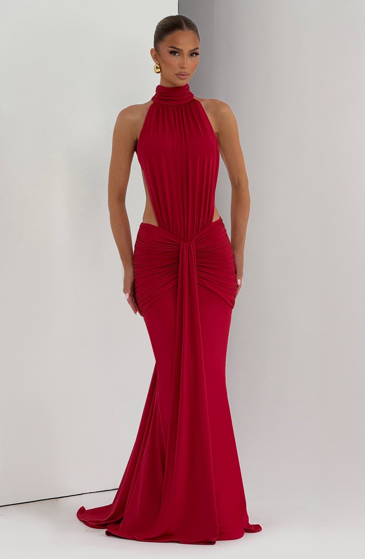 Red Ruched Mermaid Maxi Dress – Dramatic Train Evening Gown | Meave & Ivy