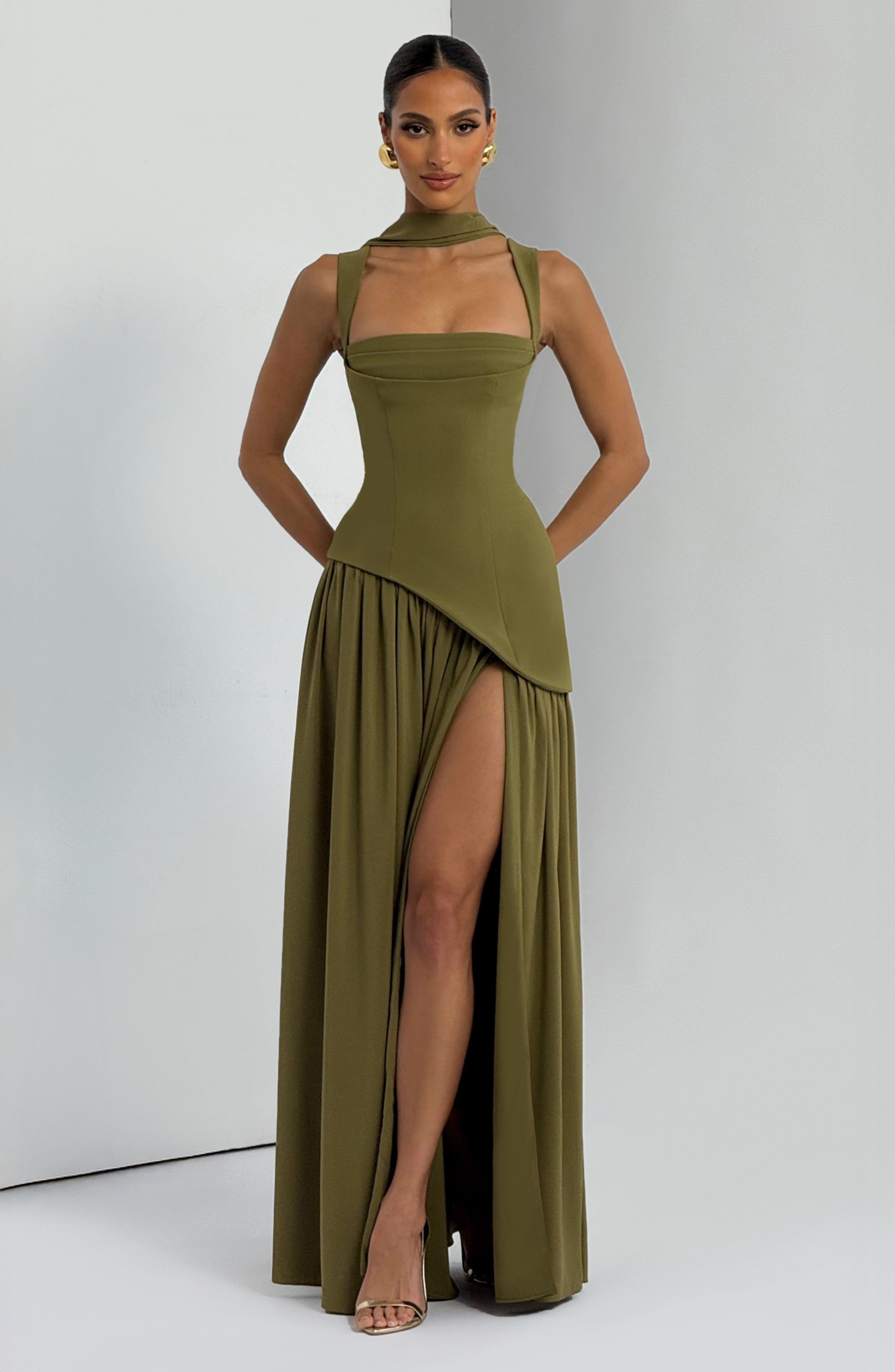 Olive Green Corset Maxi Dress – Chiffon Scarf Evening Gown | Meave & Ivy