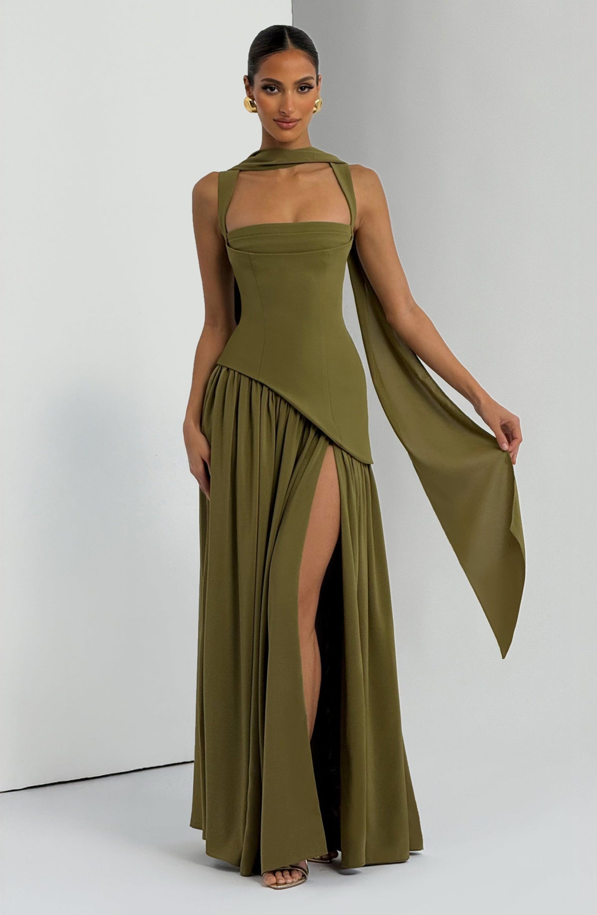 Olive Green Corset Maxi Dress – Chiffon Scarf Evening Gown | Meave & Ivy