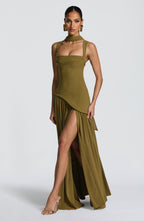 Olive Green Corset Maxi Dress – Chiffon Scarf Evening Gown | Meave & Ivy