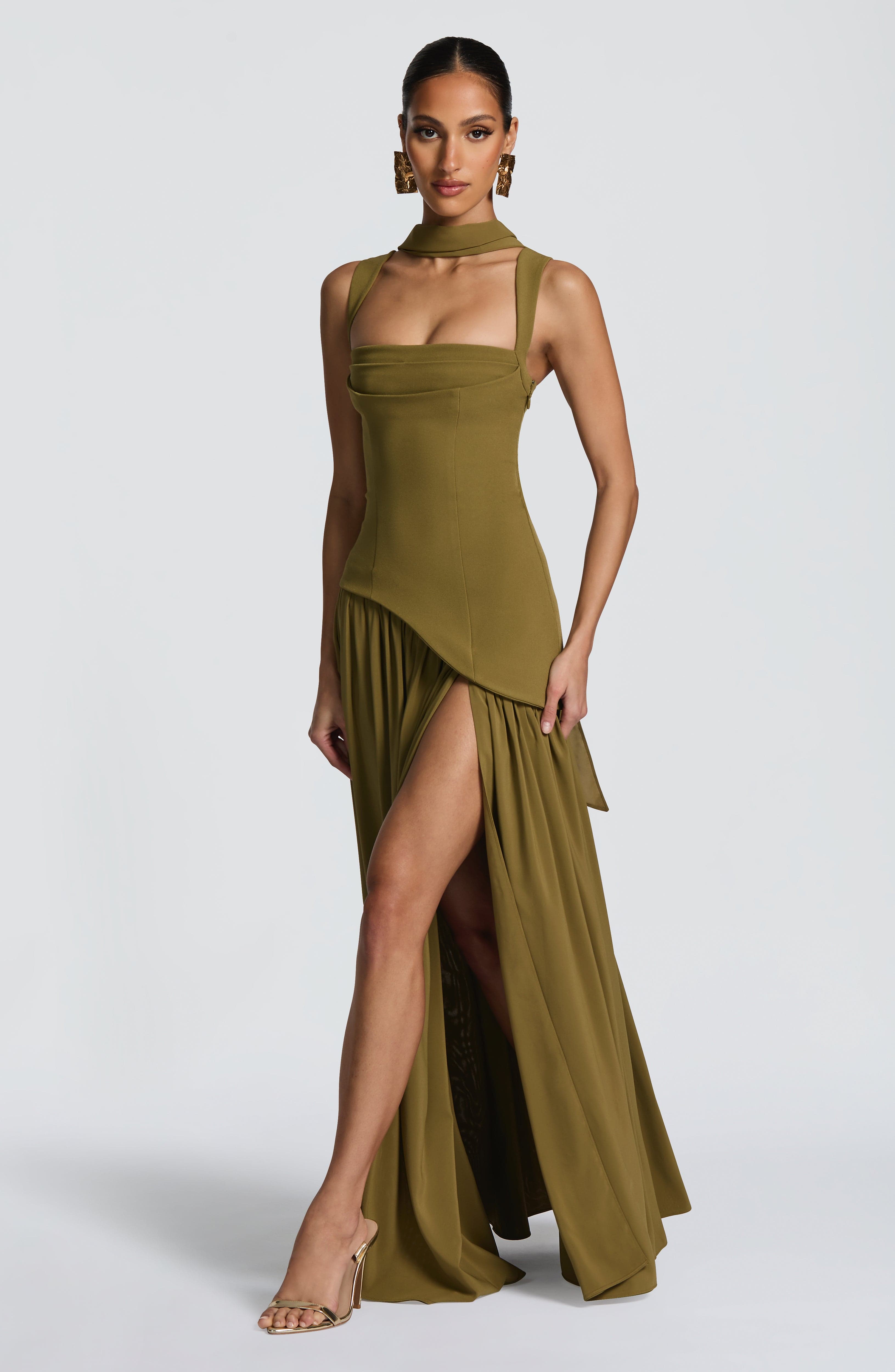 Olive Green Corset Maxi Dress – Chiffon Scarf Evening Gown | Meave & Ivy