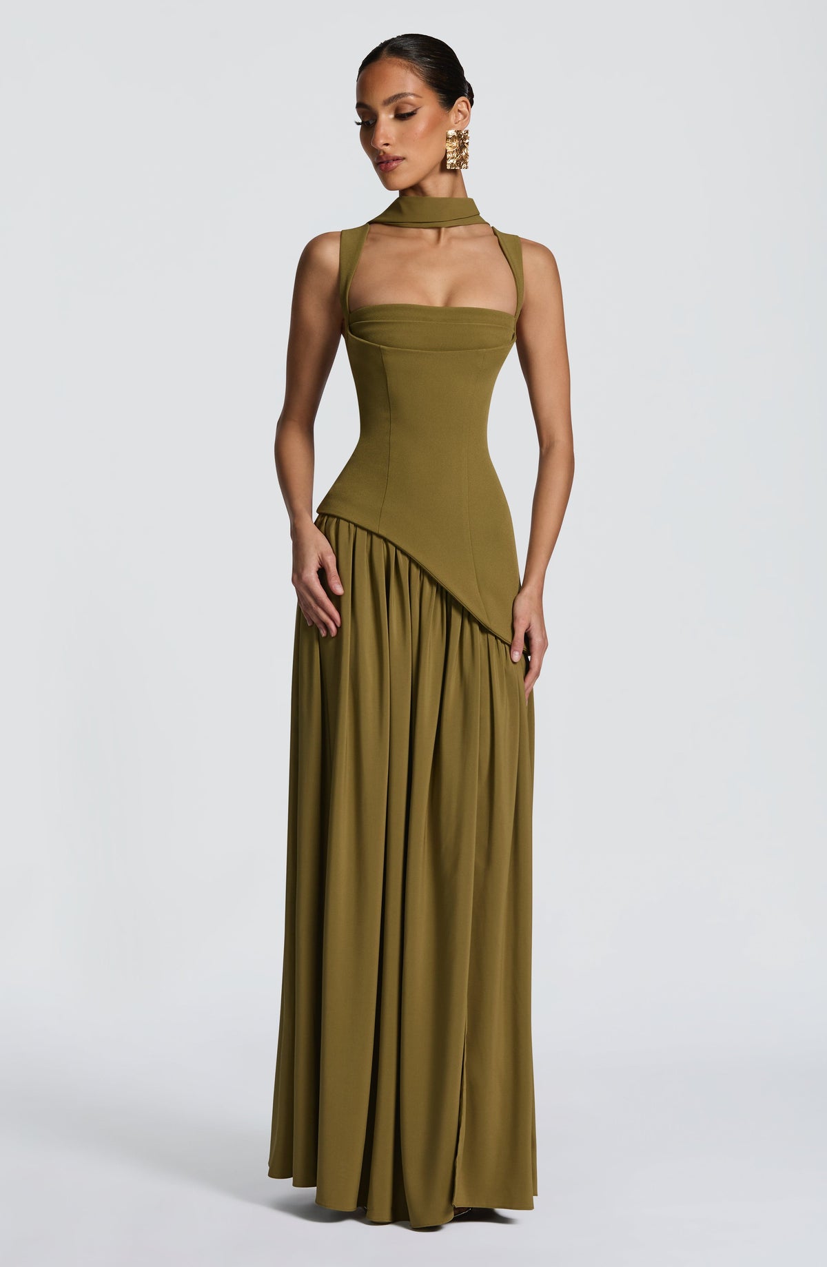 Olive Green Corset Maxi Dress – Chiffon Scarf Evening Gown | Meave & Ivy
