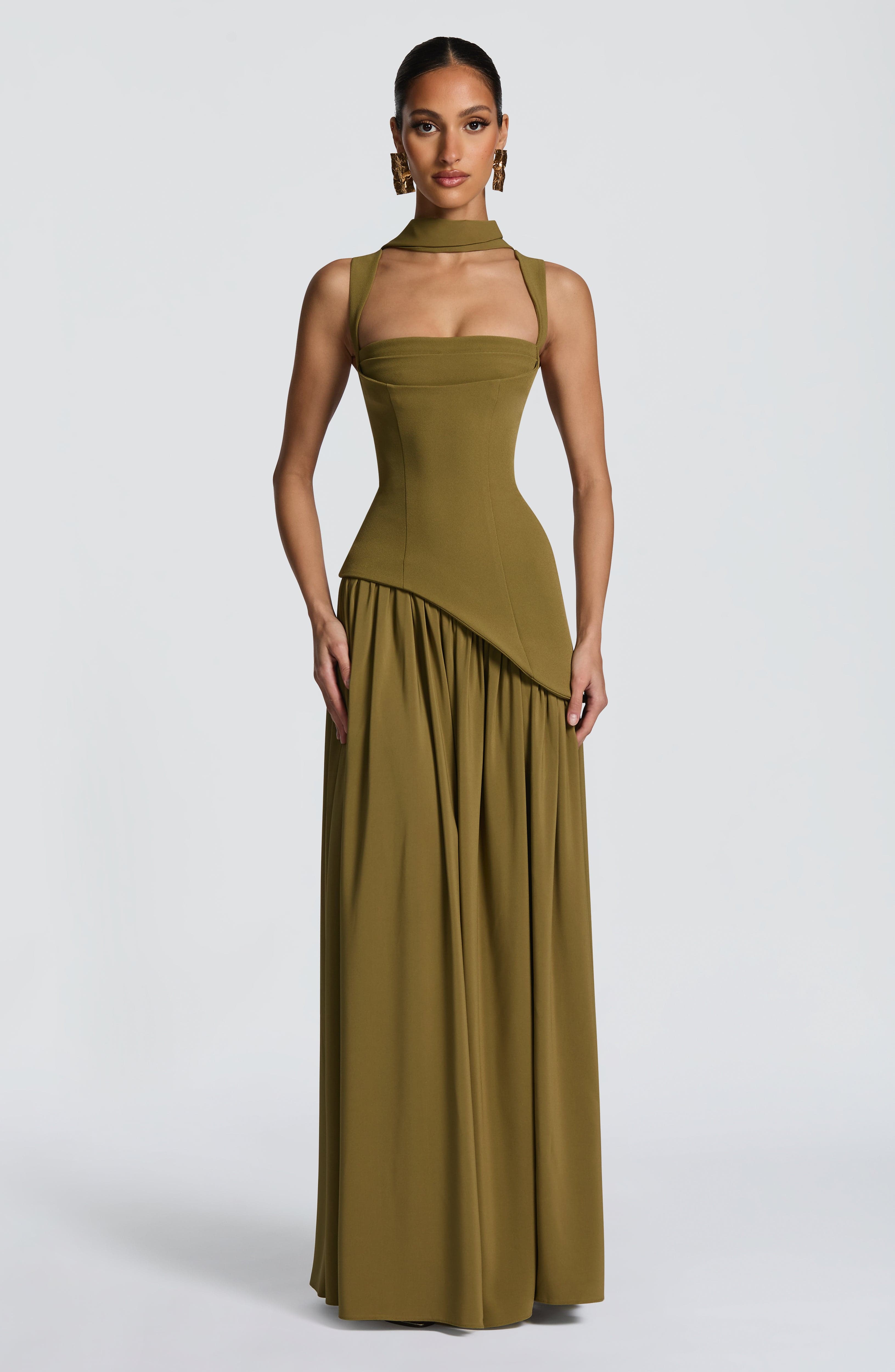 Olive Green Corset Maxi Dress – Chiffon Scarf Evening Gown | Meave & Ivy